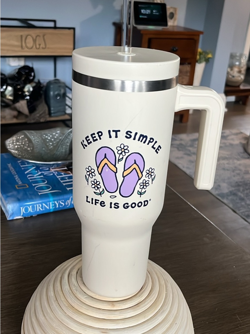 Life Is Good Cream Travel Tumbler with Purple Flip-Flop Graphic